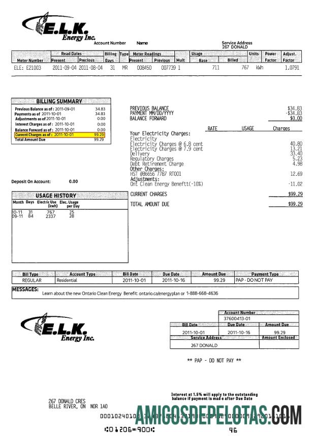 imprimível Modelo de conta de serviços públicos de energia ELK do Canadá, totalmente editável em formato PSD